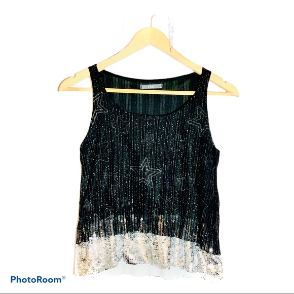 ✨SILVERY STARS PRINT BLING BLACK SLEEVES TANK - Picture 1 of 5